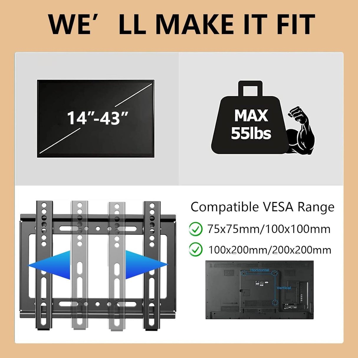 Soporte de TV Nuyoah, fijo y bajo perfil, VESA 200x200mm