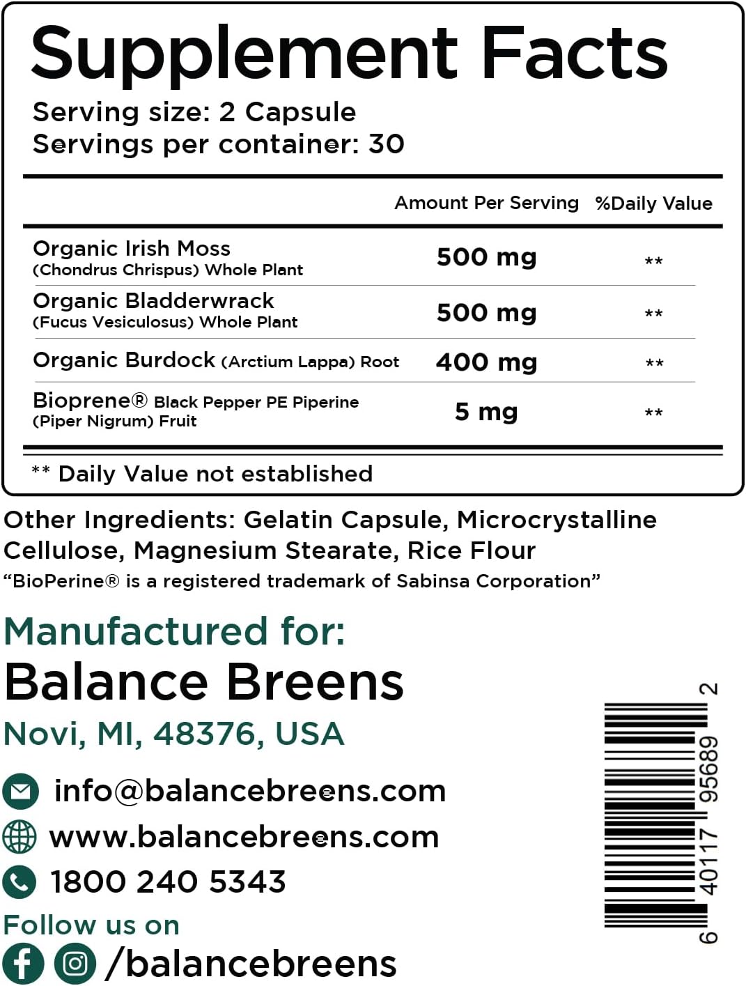 Suplemento de Musgo de Irlanda, Búlderwrack y Bardana 1405mg
