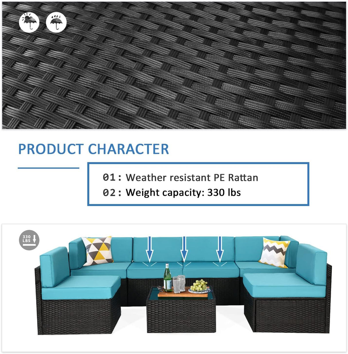 U-MAX Juego de muebles de patio de 7 piezas, juego de sofá de mimbre de ratán de polietileno negro para todo tipo de clima, juego de conversación de muebles seccionales con fundas de cojín azules y mesa auxiliar para porche, jardín, piscina