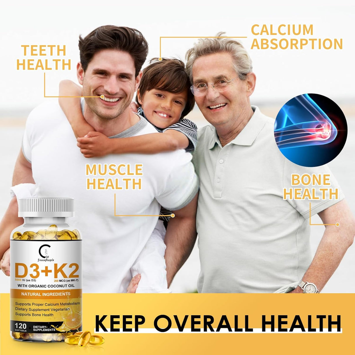 Suplemento de Vitamina D3 K2, 120 cápsulas, Natural Coconut