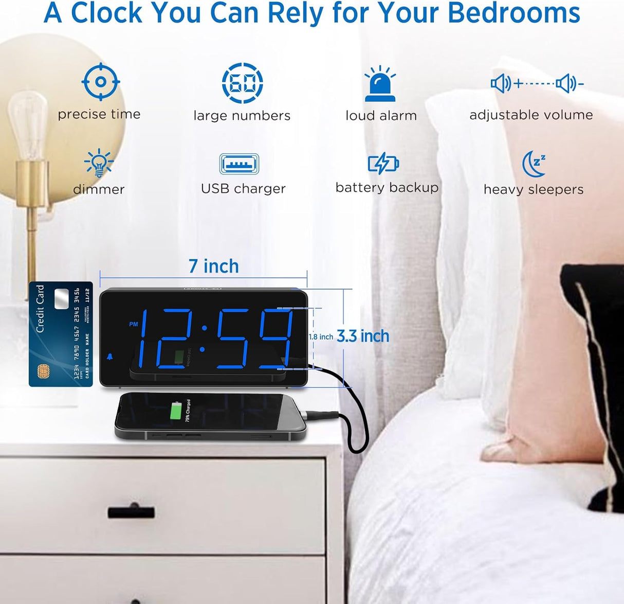 Reloj Despertador Digital con Números Grandes y Cargador USB
