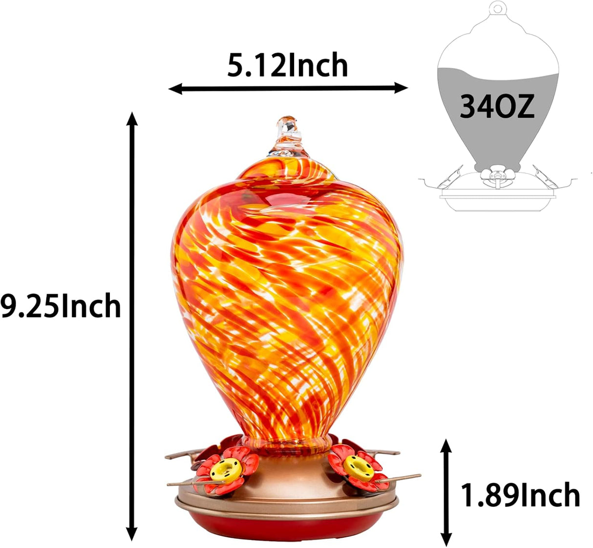 Muse Garden Comedero para colibríes para exteriores, vidrio soplado a mano, 34 onzas, foso de hormigas incluido, Daylight