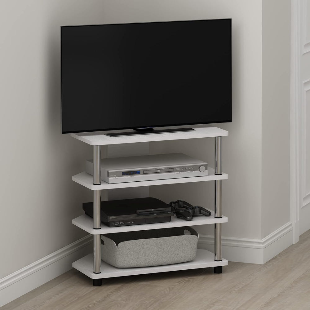 Soporte pequeño para TV con tubos de acero inoxidable, 4 niveles