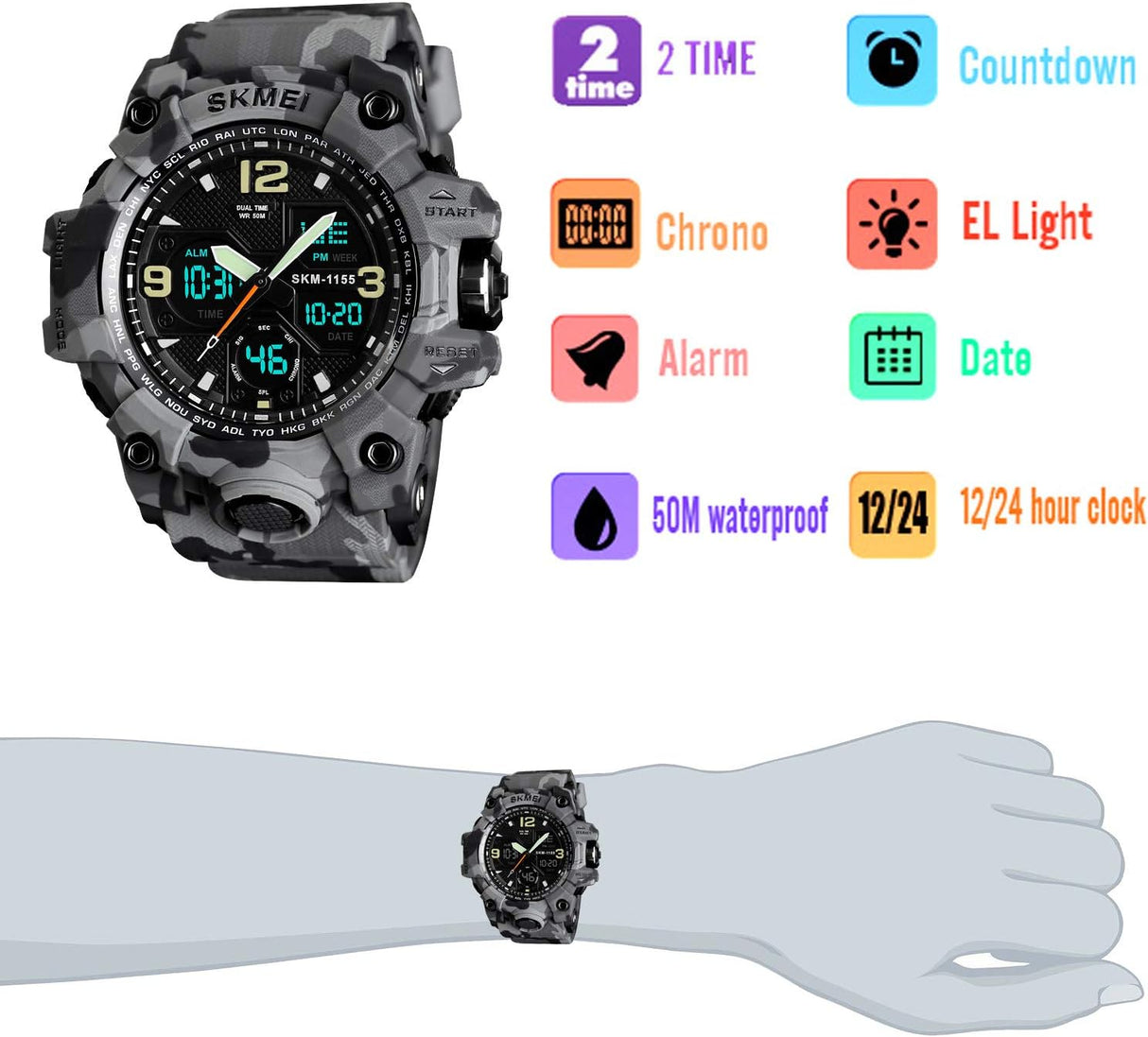Reloj digital militar para hombre con alarma