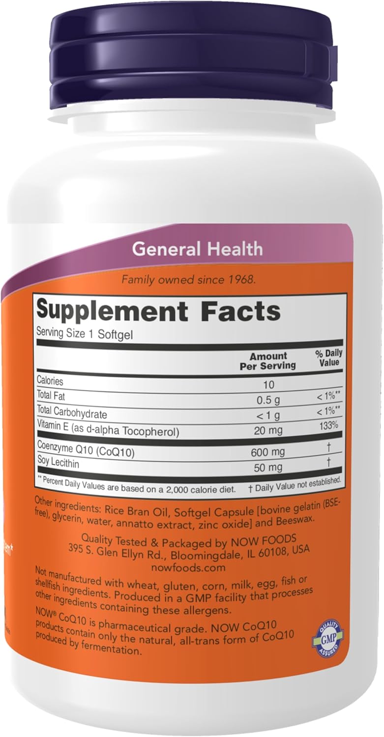 Suplemento CoQ10 600 mg NOW, Vitamina E, Lecitina, 60 Cápsulas