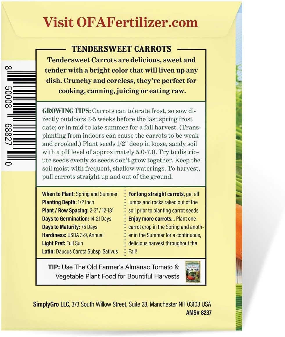 Semillas de Zanahoria Tendersweet - Old Farmer's Almanac - 2600 Semillas