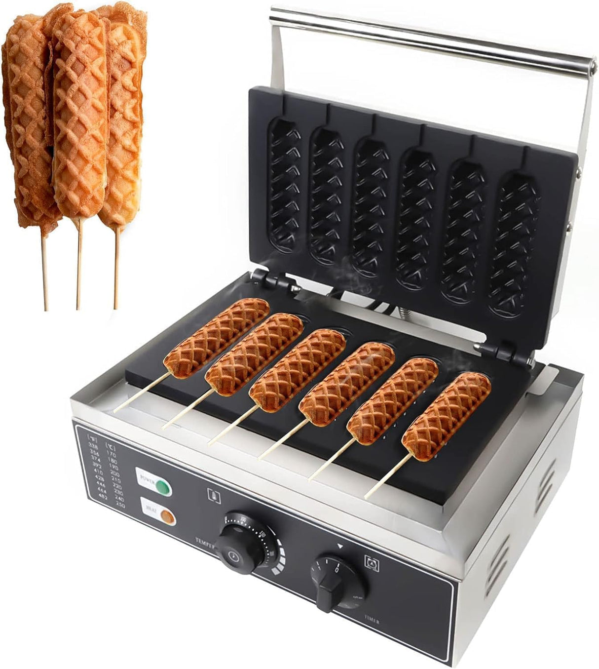 Máquina de Waffles 6 PCS, 1500W, Control Temp 50-300℃, 110V