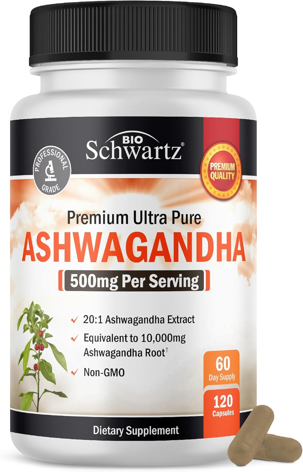 Suplementos de Ashwagandha - Extra Fuerte, 60 Cápsulas