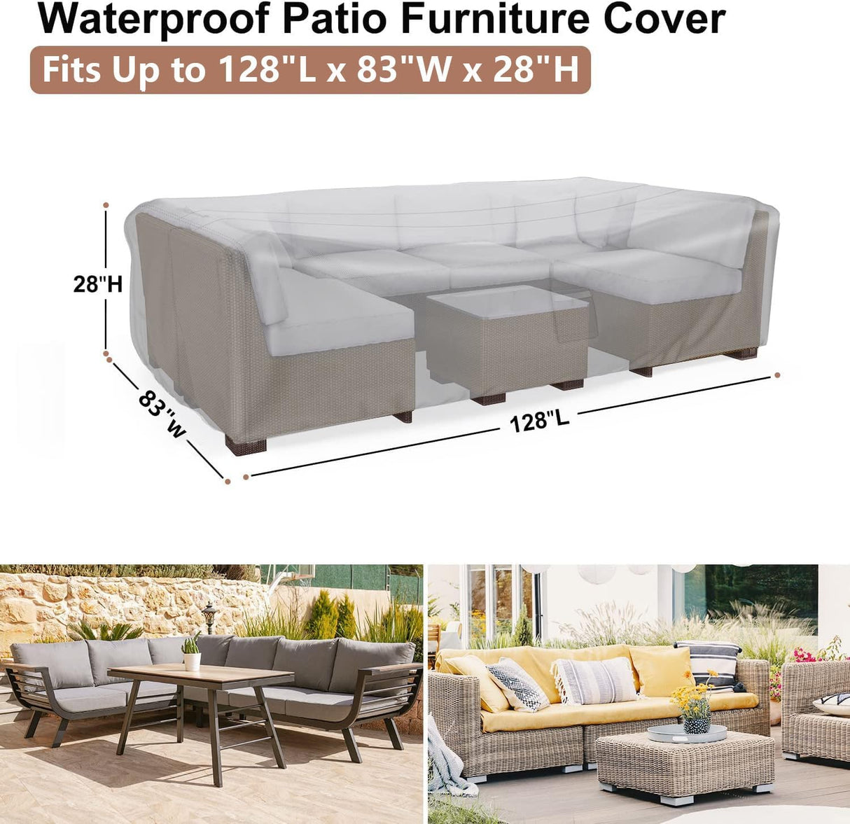 BROSYDA Fundas para muebles de patio, resistente al agua, 600D, para muebles de exterior, juego de fundas para sofá seccional, fundas para mesa y silla, 128 pulgadas de largo x 83 pulgadas de ancho x 28 pulgadas de alto