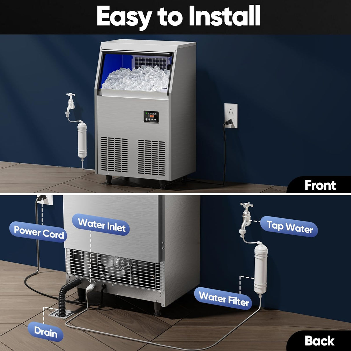 Máquina de Hielo Comercial, Acero Inoxidable, 100LBS/24H