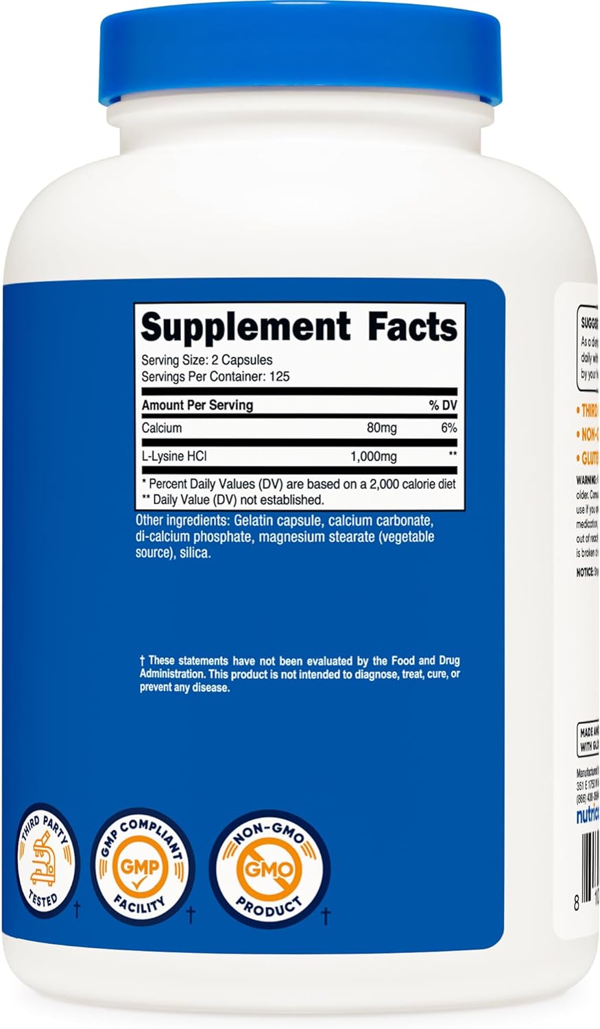 Suplemento Nutricost L-Lisina 1000 mg, 250 cápsulas 500 mg
