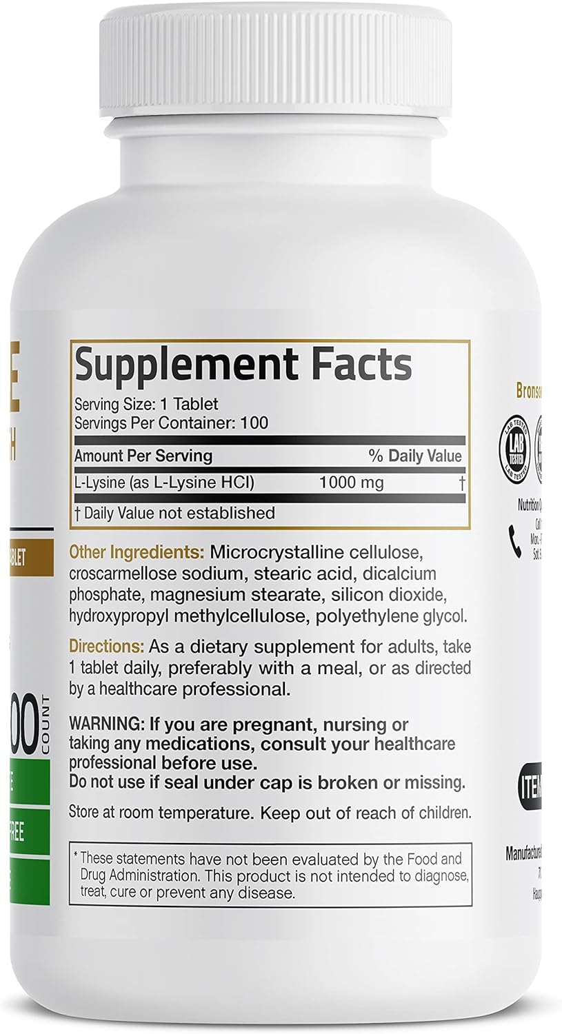 Suplemento Bronson L-Lisina Extra Strength 1000 mg 100 tab