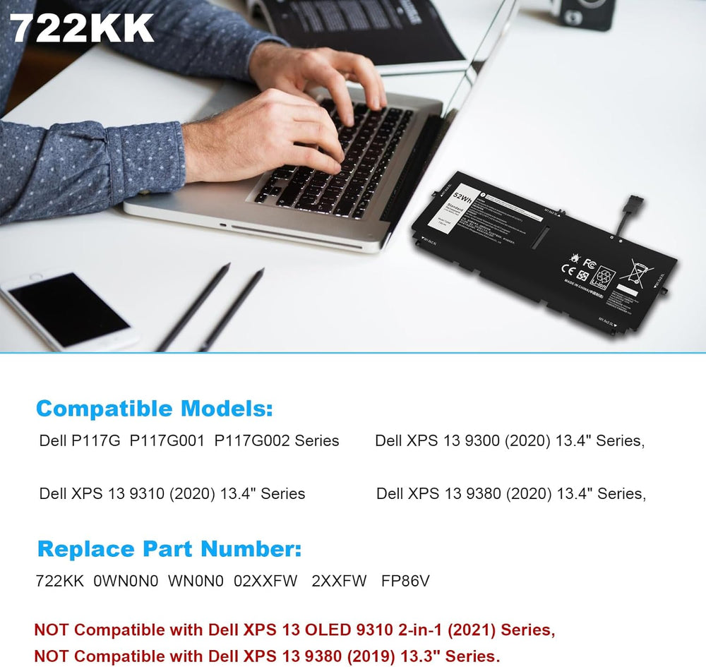 Batería 52Wh 722KK FP86V para Laptop XPS 13 9300/9310/9380