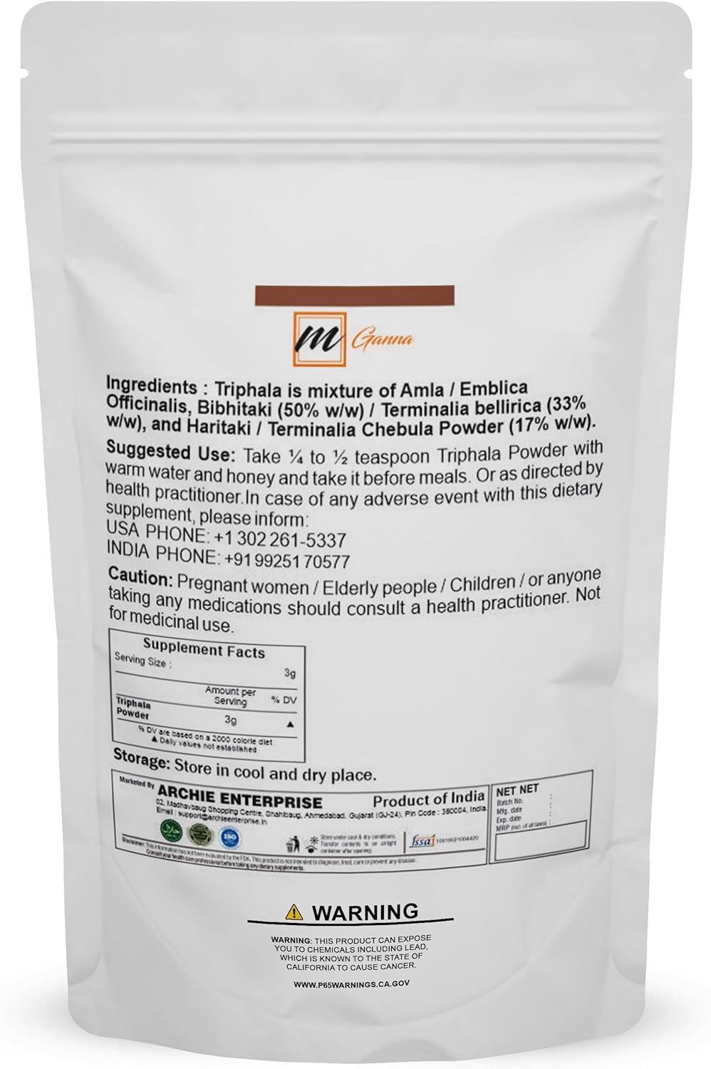 Suplemento Polvo de trifala 100% natural para una piel 227 G