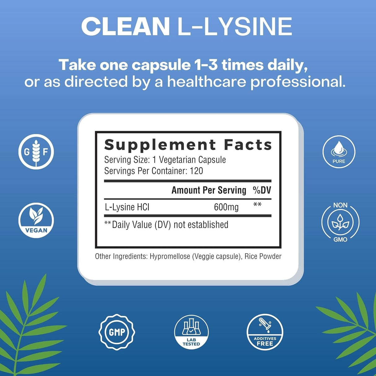 Suplemento Clean L-Lysine 600 mg 120 cápsulas Vegano