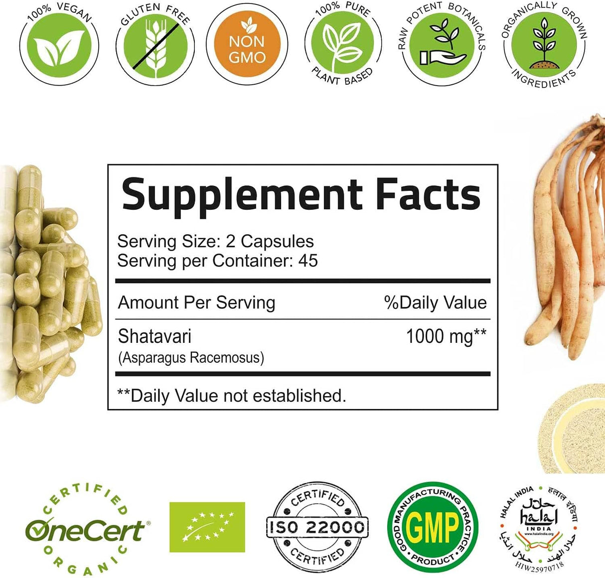 Shatavari 1000mg orgánicas de Shatavari 90 cápsulas