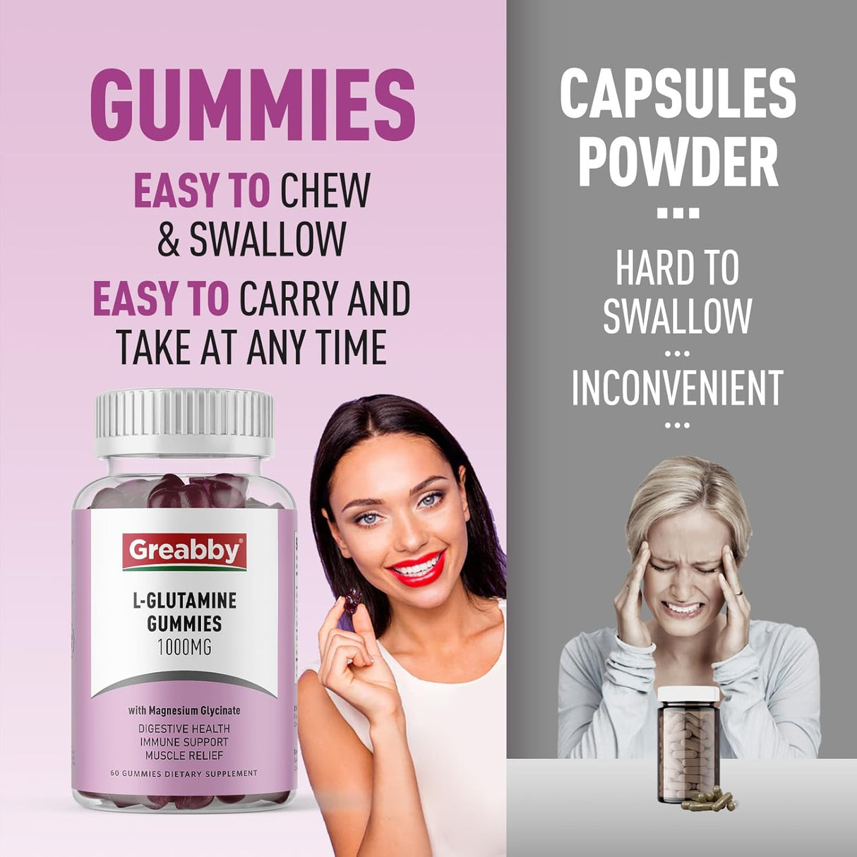 L Glutamina 1000mg Gummies - Apoyo muscular e inmunológico, Vegan, 60u