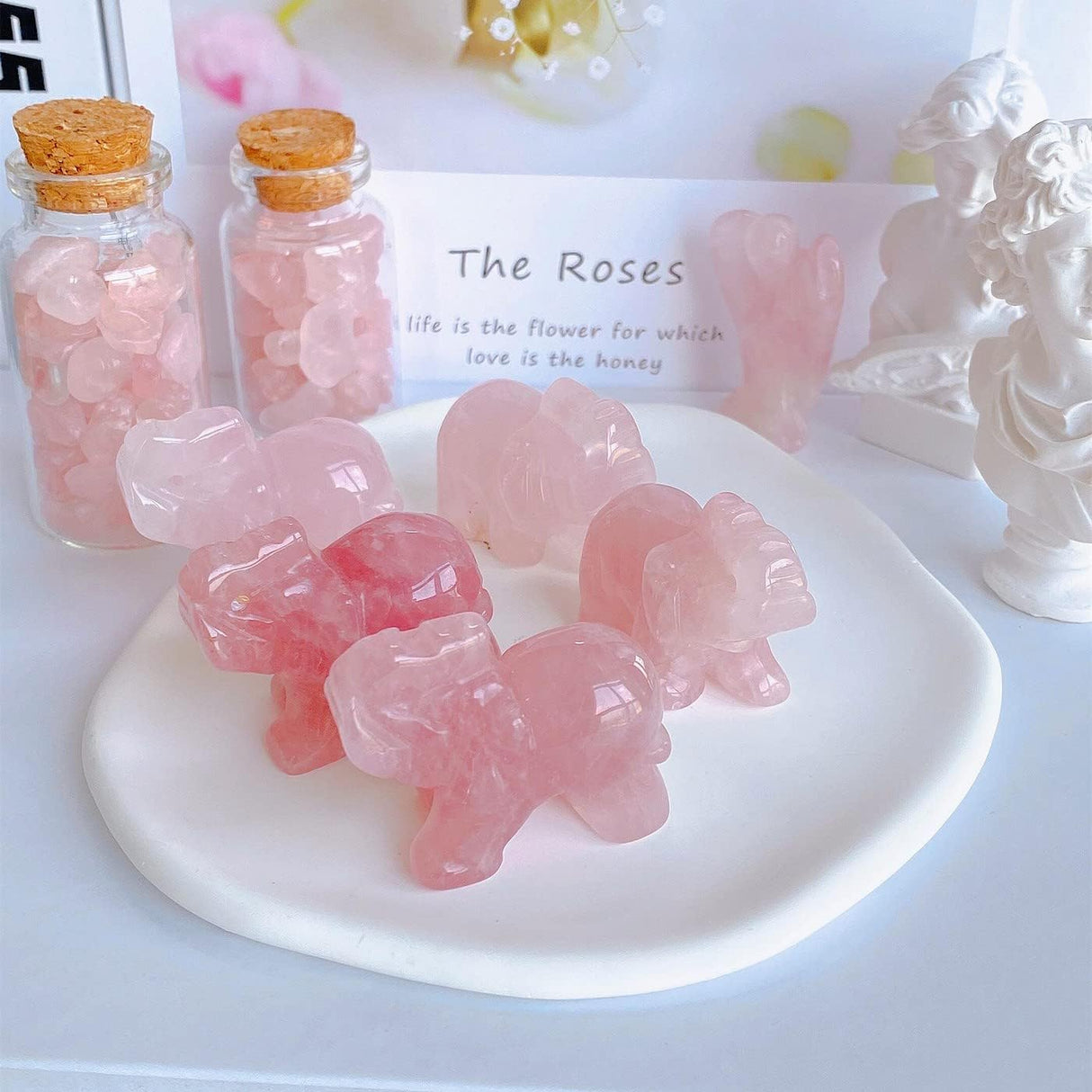 QINJIEJIE Decoración de elefante de cuarzo rosa, cristales