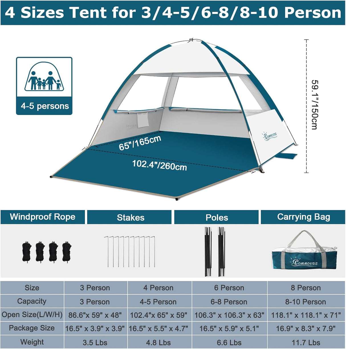 Tienda de playa con protección solar UPF 50+, fácil de llevar