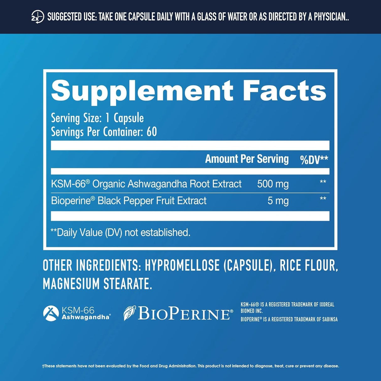 Suplemento de Ashwagandha KSM 66, NuEthix, 500mg, 60 Serv.