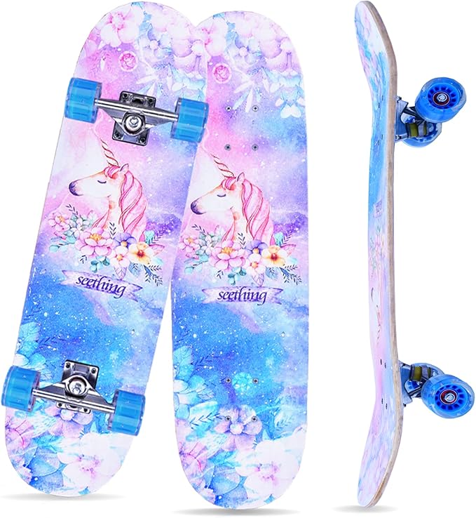 Patinetas completas para principiantes, 31" con diseño de unicornio y calavera