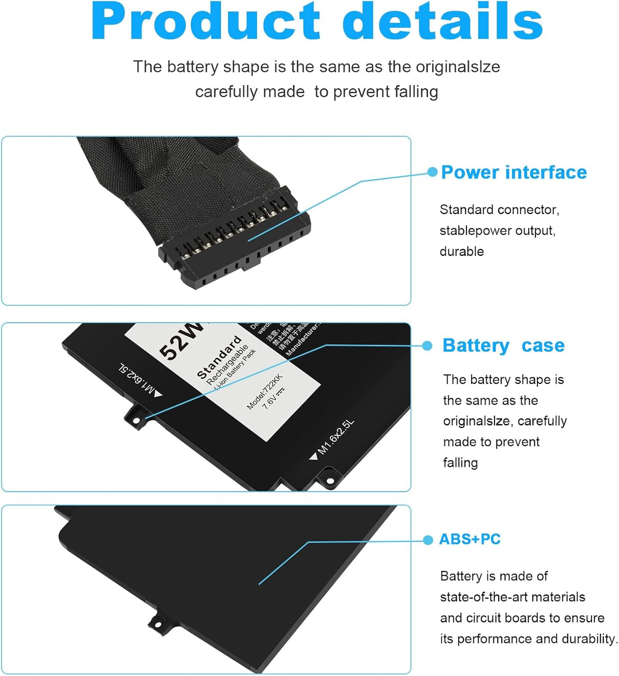 Batería 52Wh 722KK FP86V para Laptop XPS 13 9300/9310/9380