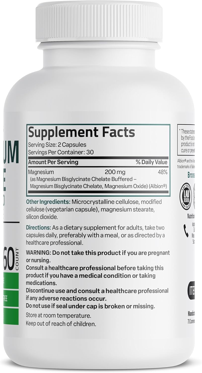Bronson Magnesio Glicinato 200mg, Alta Absorción, 60 Cápsulas