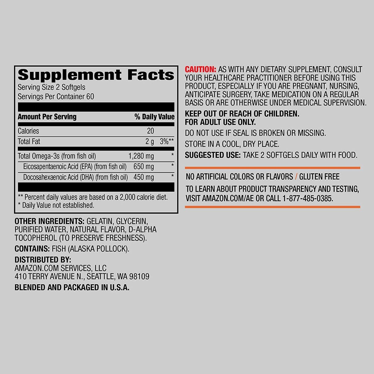 Suplemento Omega-3, Amazon Elements, 120 cápsulas, EPA & DHA