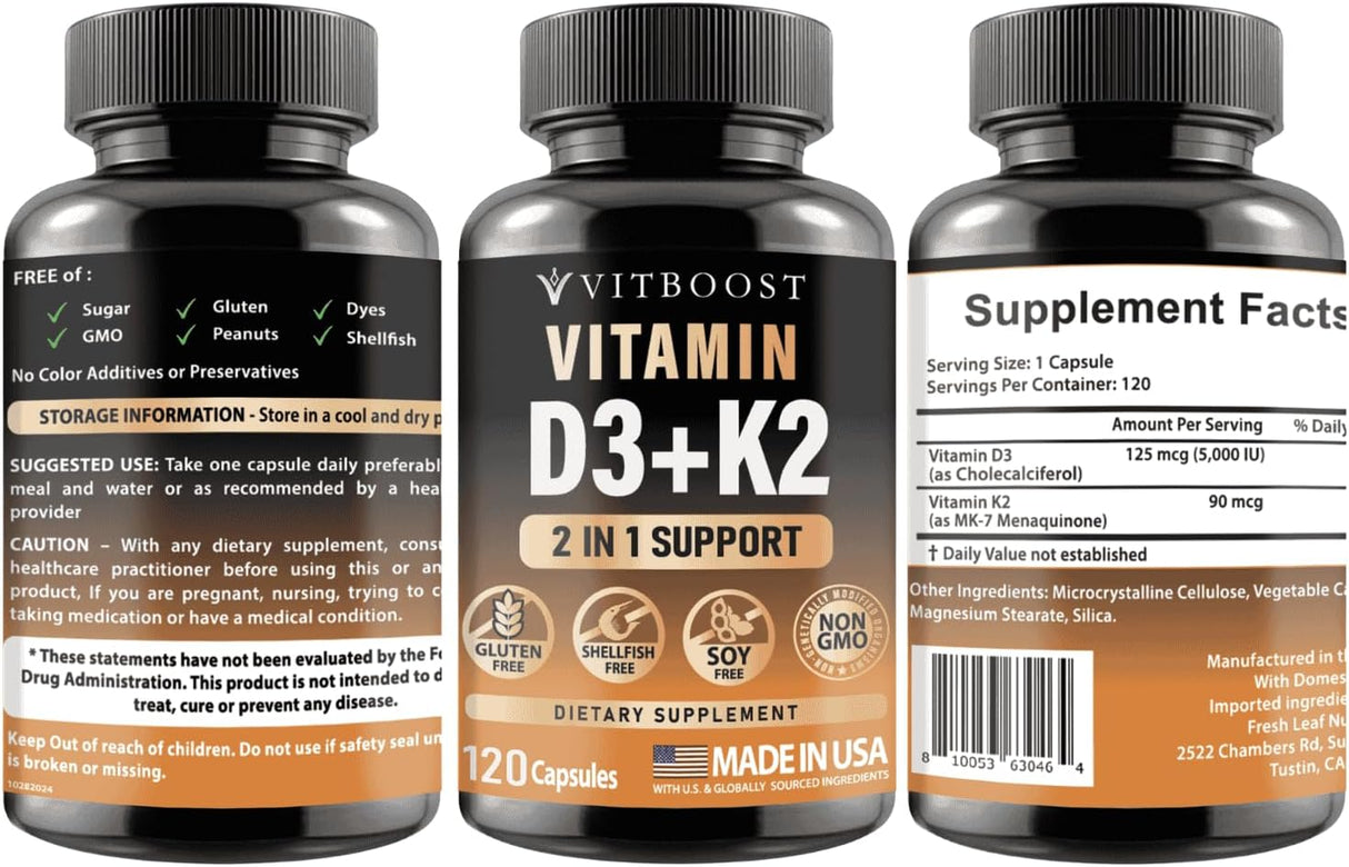 Complejo de Vitamina D3 K2 - Cápsulas 120, Sin Gluten, USA