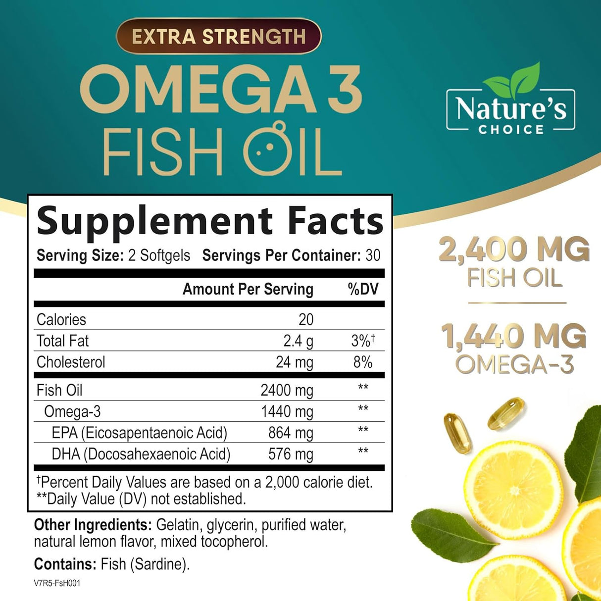 Suplemento de Omega 3 Fish Oil, 2400 mg, 60 cápsulas