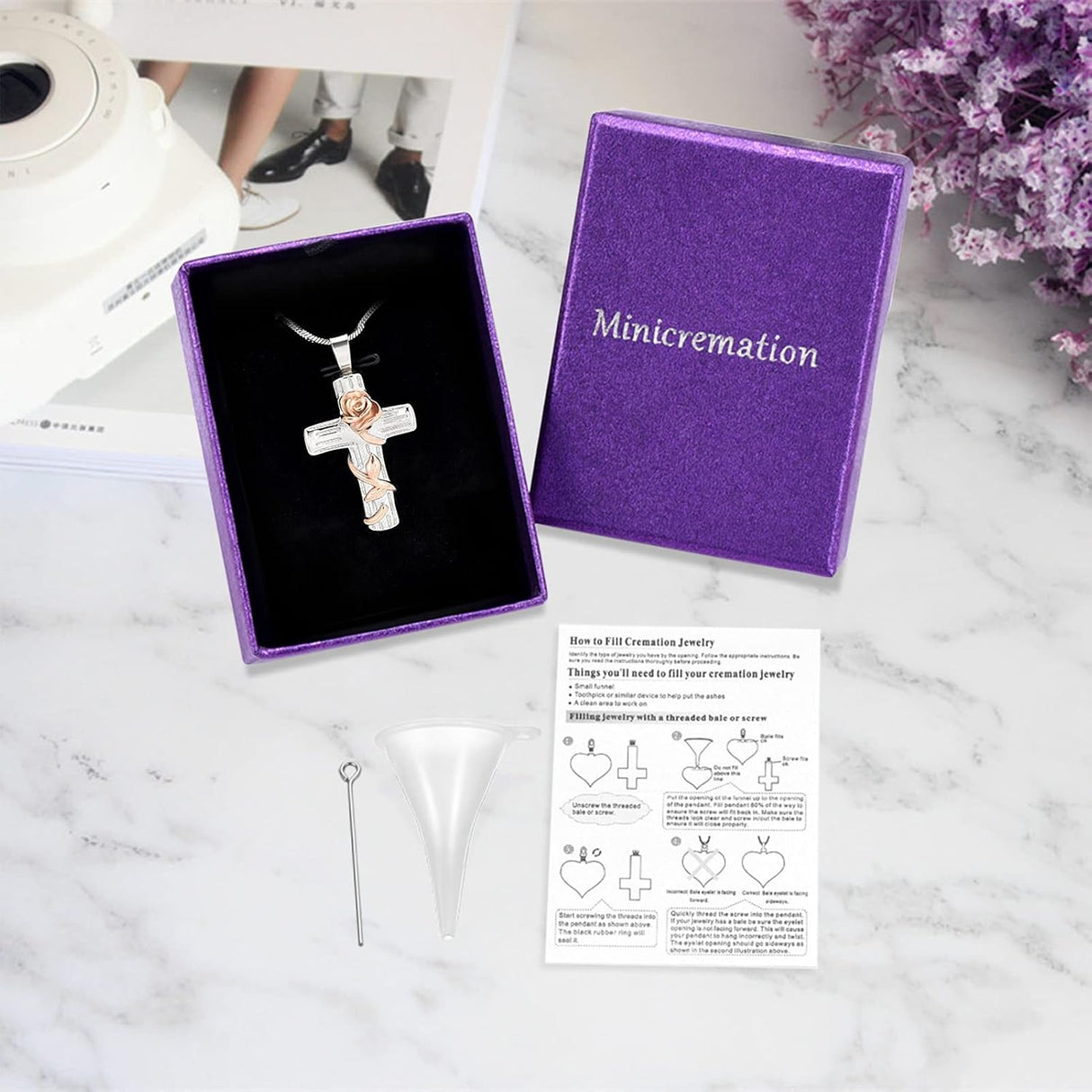 Collar de cenizas, rosa, cruz de cremación, conmemorativo