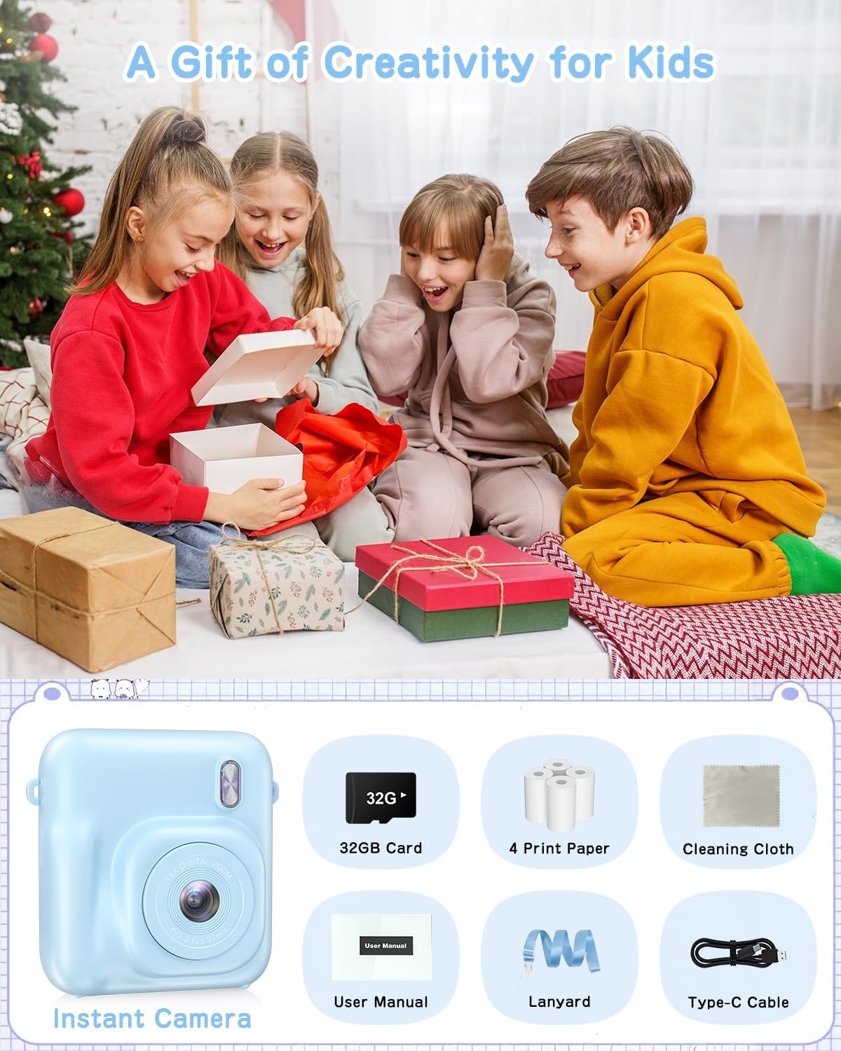 Cámara instantánea para niños, 48MP, doble lente, regalo.