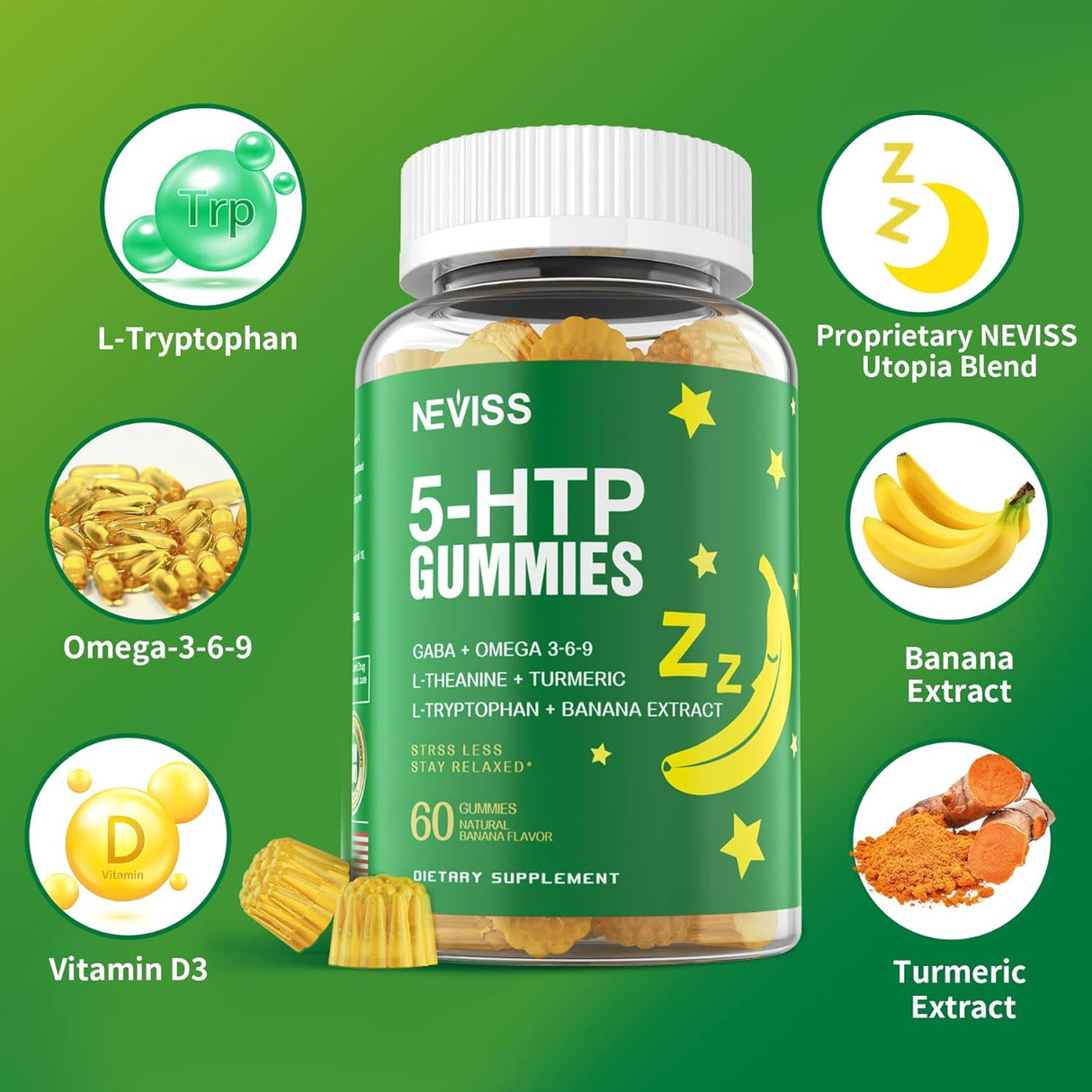 Suplemento Gomita 5-HTP GABA calmantes complejo extra fuerte