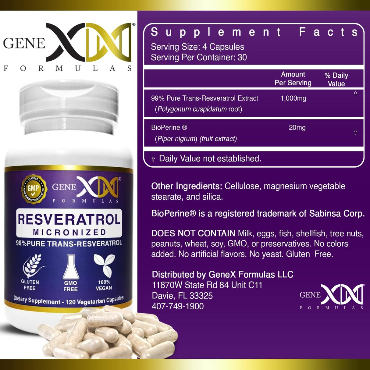 Suplemento GENEX Trans Resveratrol 1000mg que sirve 99%