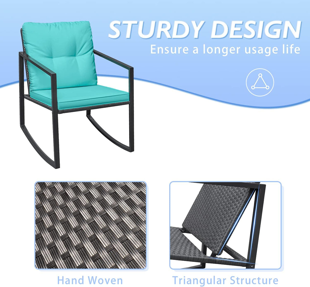 Greesum Juego de 3 piezas de mimbre mecedor, juegos de conversación de muebles de patio al aire libre con sillas de porche y mesa de café de cristal, azul