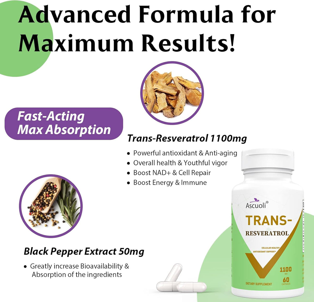 Suplemento Ascuoli 99% Ultra Purity Trans-Resveratrol 1100mg