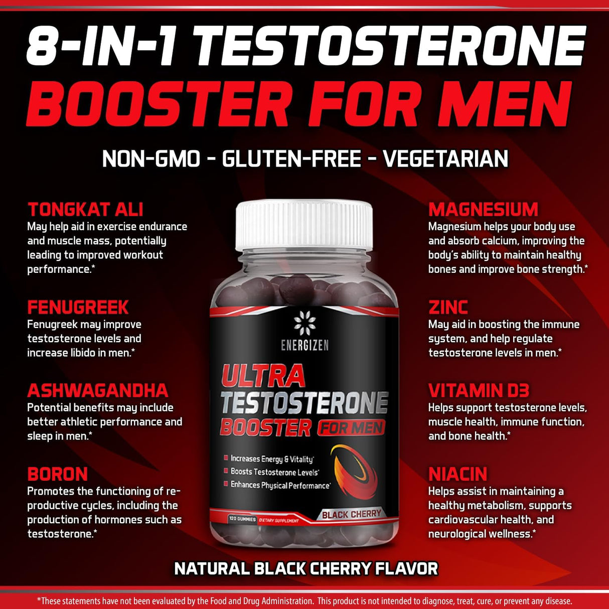 Energizen Potenciador de testosterona 8 en 1 para hombres