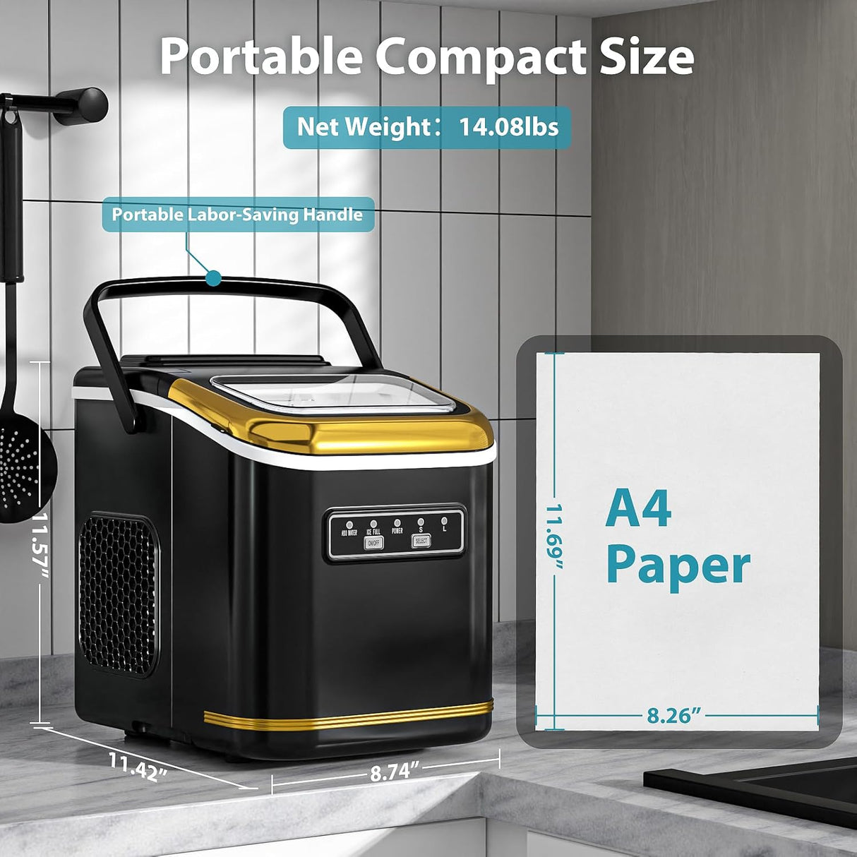 Máquina de Hielo Portátil Compacta, Auto Limpieza, 26lbs/24hrs