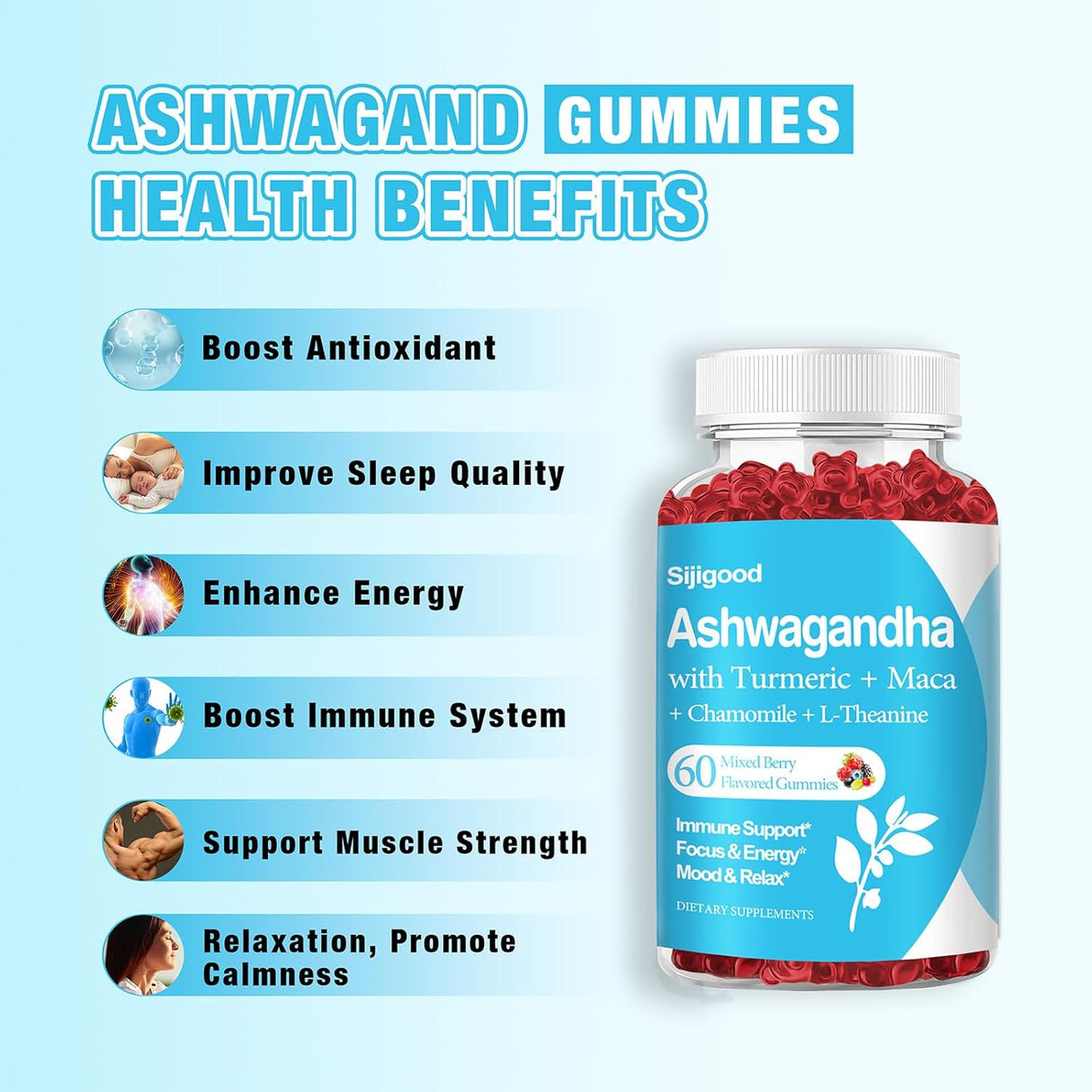 Gomitas de Ashwagandha con L-teanina, 2500mg, 60 unidades