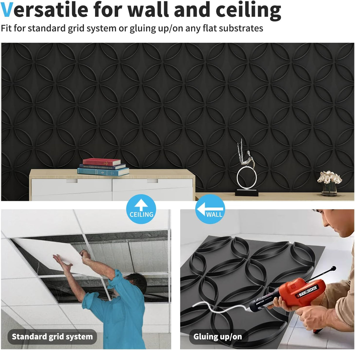 Panel de pared 3D de PVC con círculos entrelazados en negro