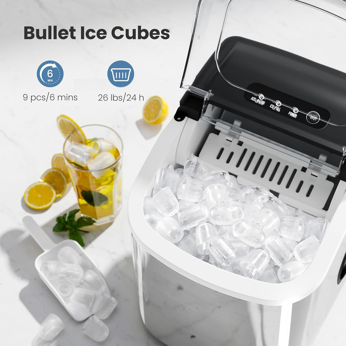 Máquina de Hielo Portátil, 26lbs/24Hrs, Limpieza Automática