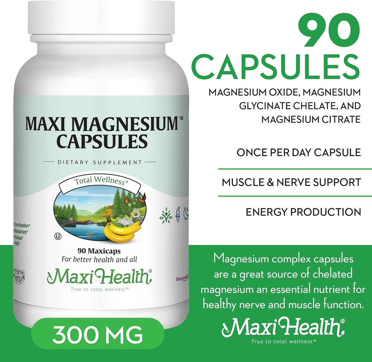 Suplemento de Magnesio Maxi Health - Energía, Músculos y Huesos - 90 cápsulas