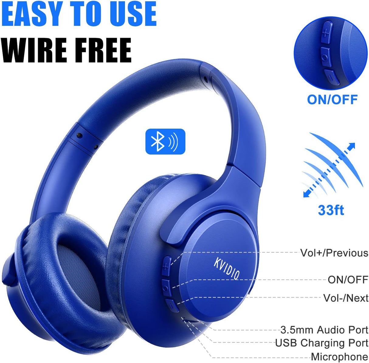 Auriculares KVIDIO Bluetooth, 65h batería, sonido HiFi, modelo X123