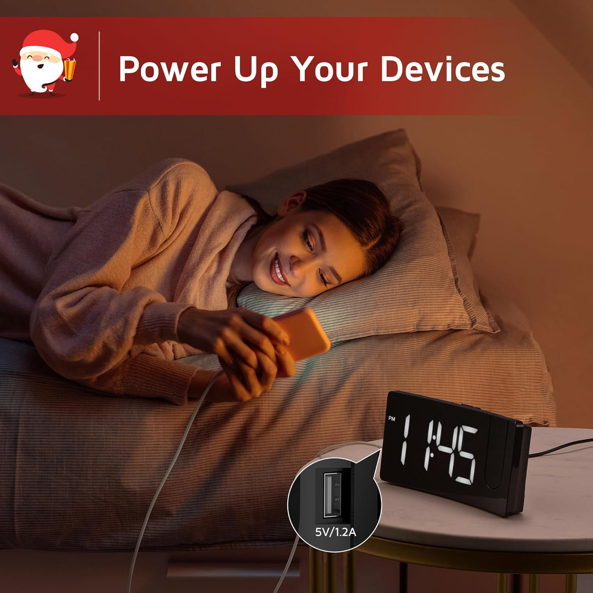 Reloj Despertador Proyector Digital con Cargador USB y Dimmer