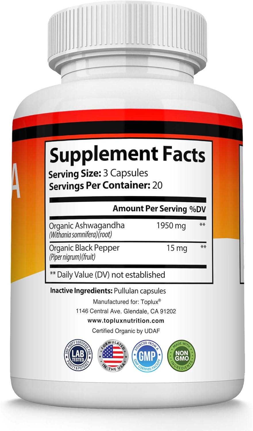 Polvo de Raíz de Ashwagandha, Suplemento Natural, 60 Cápsulas