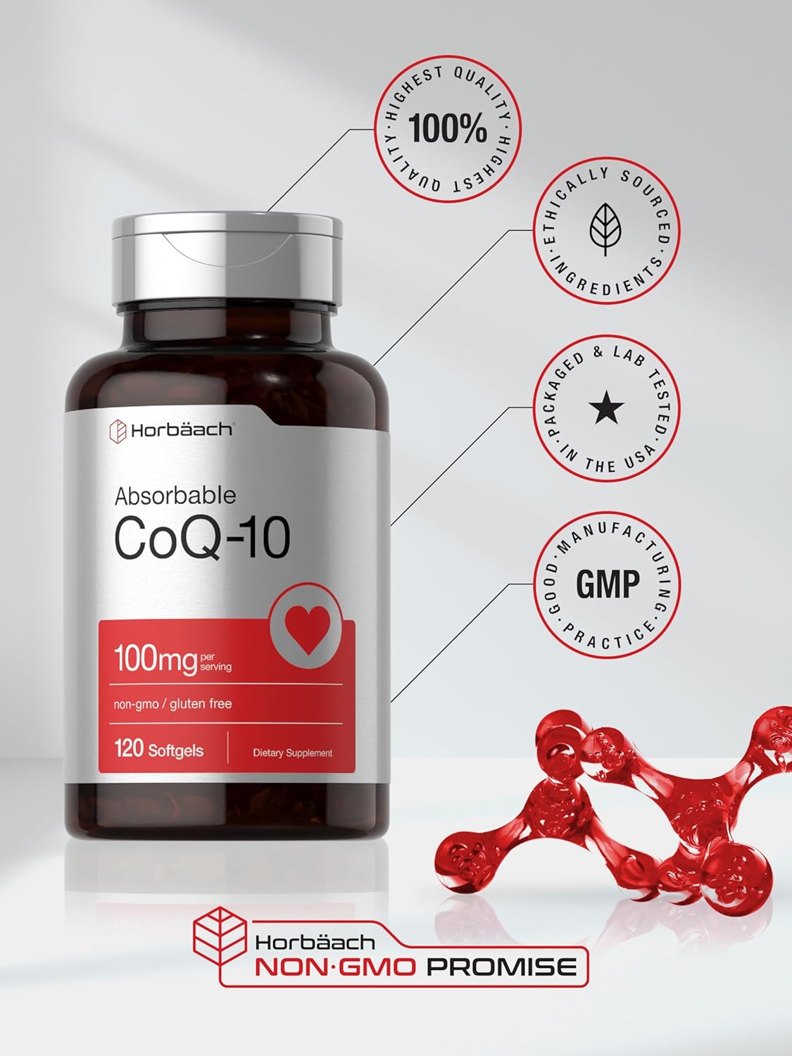 Suplemento CoQ10 100mg Horbäach, 120 cápsulas, Sin GMO