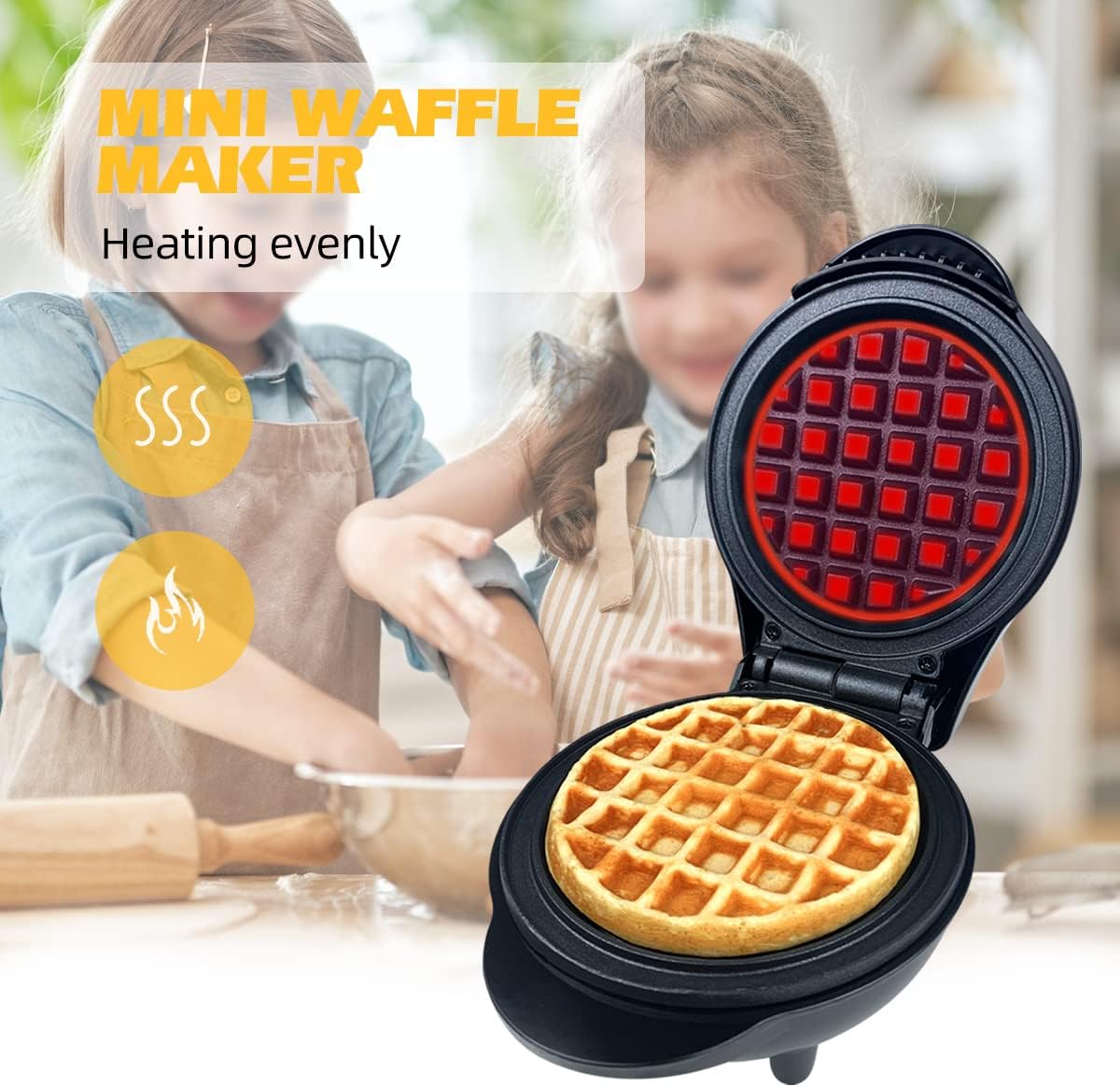 Mini Waffle Maker Eléctrico 600W, Antiadherente, Para Niños