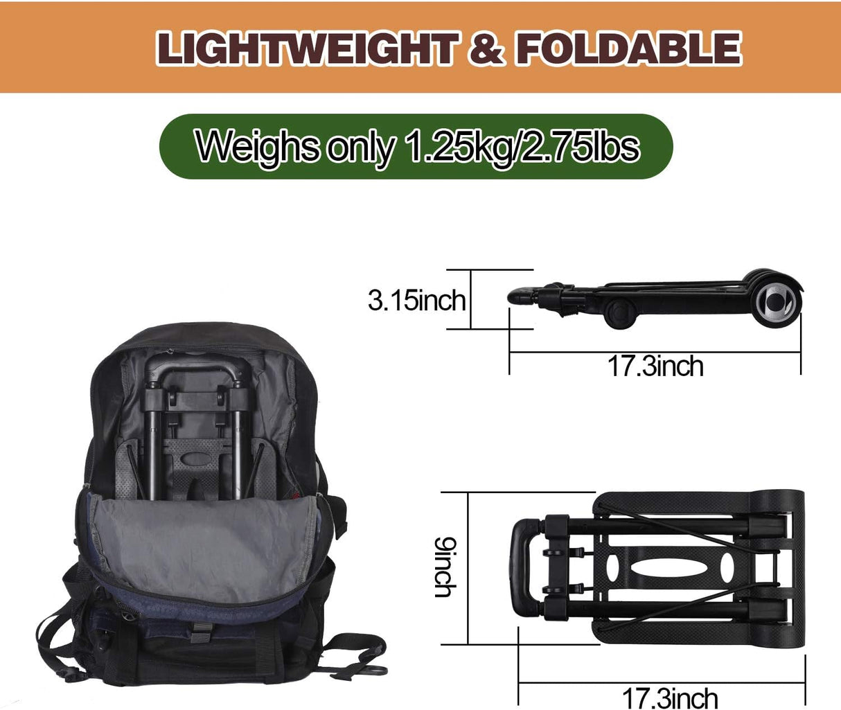 Carretilla Plegable KINJOEK 25kg, Ligera y Compacta, 55lbs