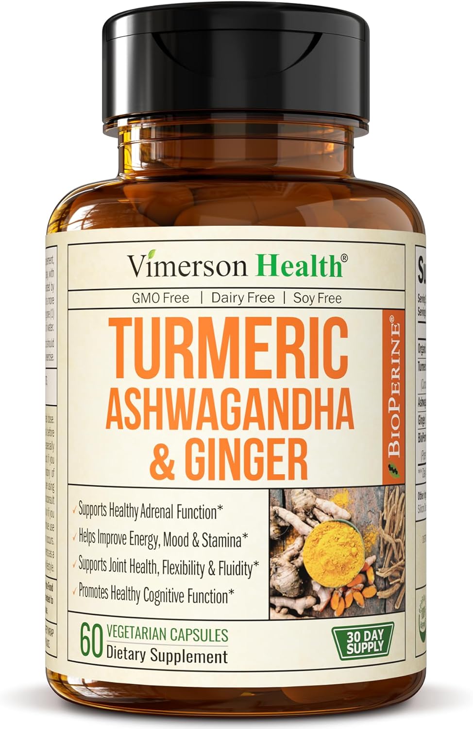 Suplemento con Curcumina, Jengibre, Ashwagandha y BioPerine