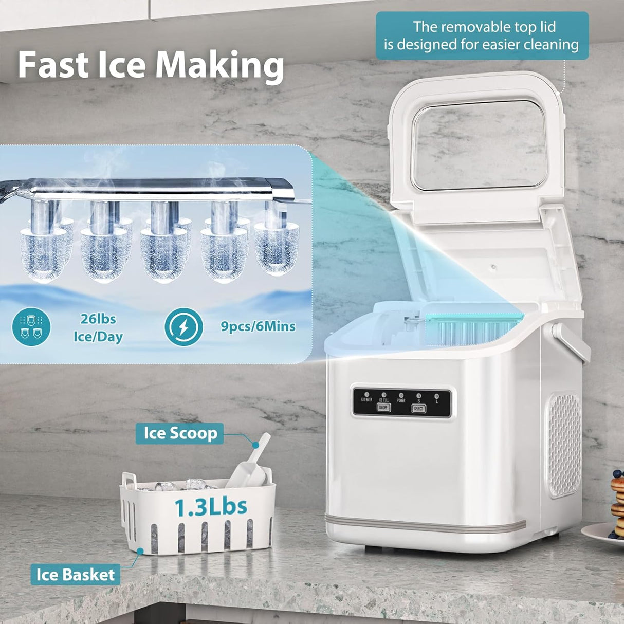 Máquina de Hielo Portátil Compacta, 9 Cubos en 6 Min, 26lbs/24Hrs